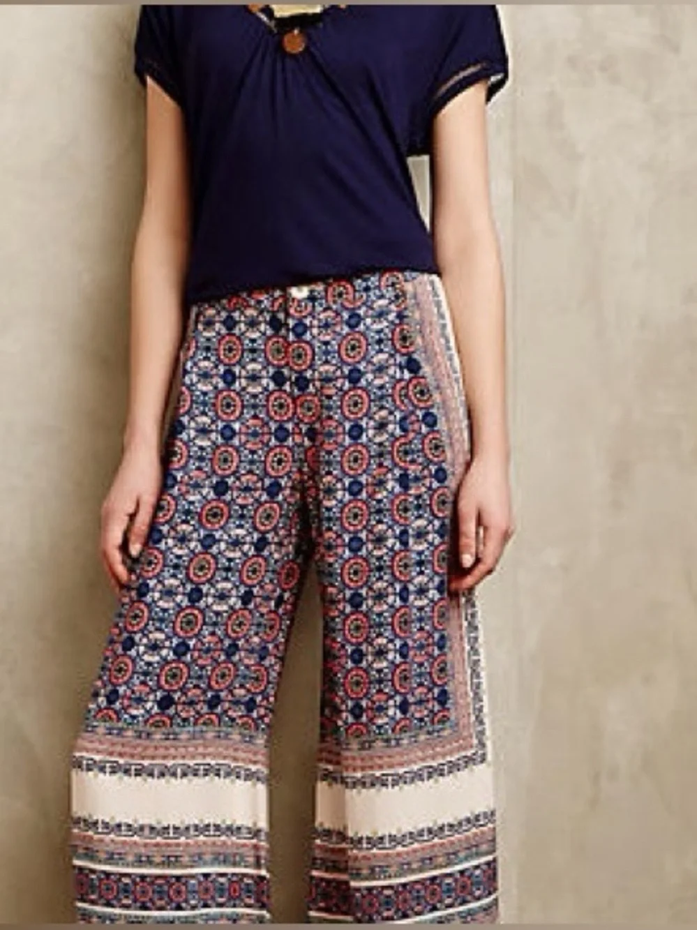 Anthropologie Elevenses Boho Scarf Print Palazzo Wide Leg Silk-Feel Pants 10 - Picture 3 of 11